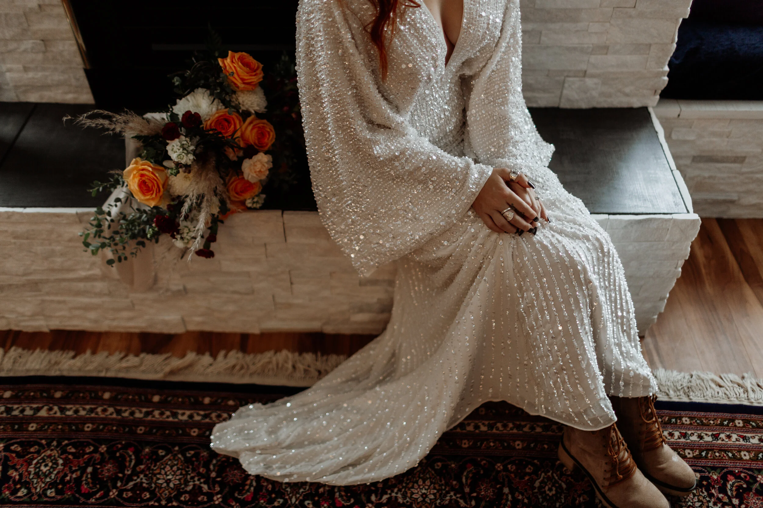 Sequin kimono sleeve store wedding dress